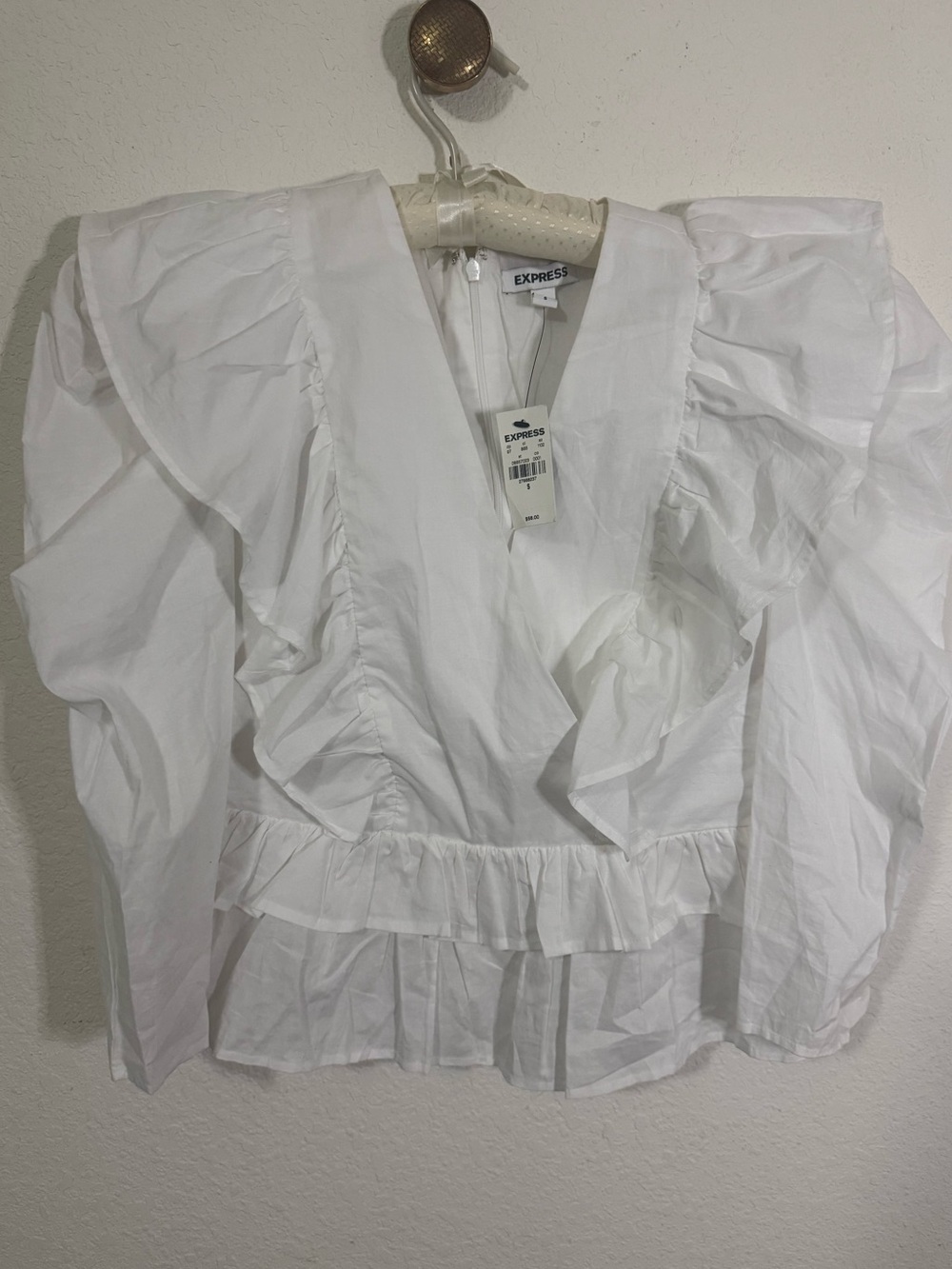 Express White Ruffle Surplice Neck 3/4 Sleeve Cotton Blouse